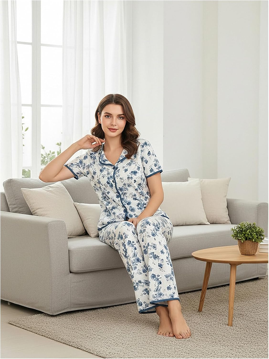 Women's Two Piece Pajama Set Floral Short Sleeve Top and Long Pants Loose Fit Sleepwear - Image 3