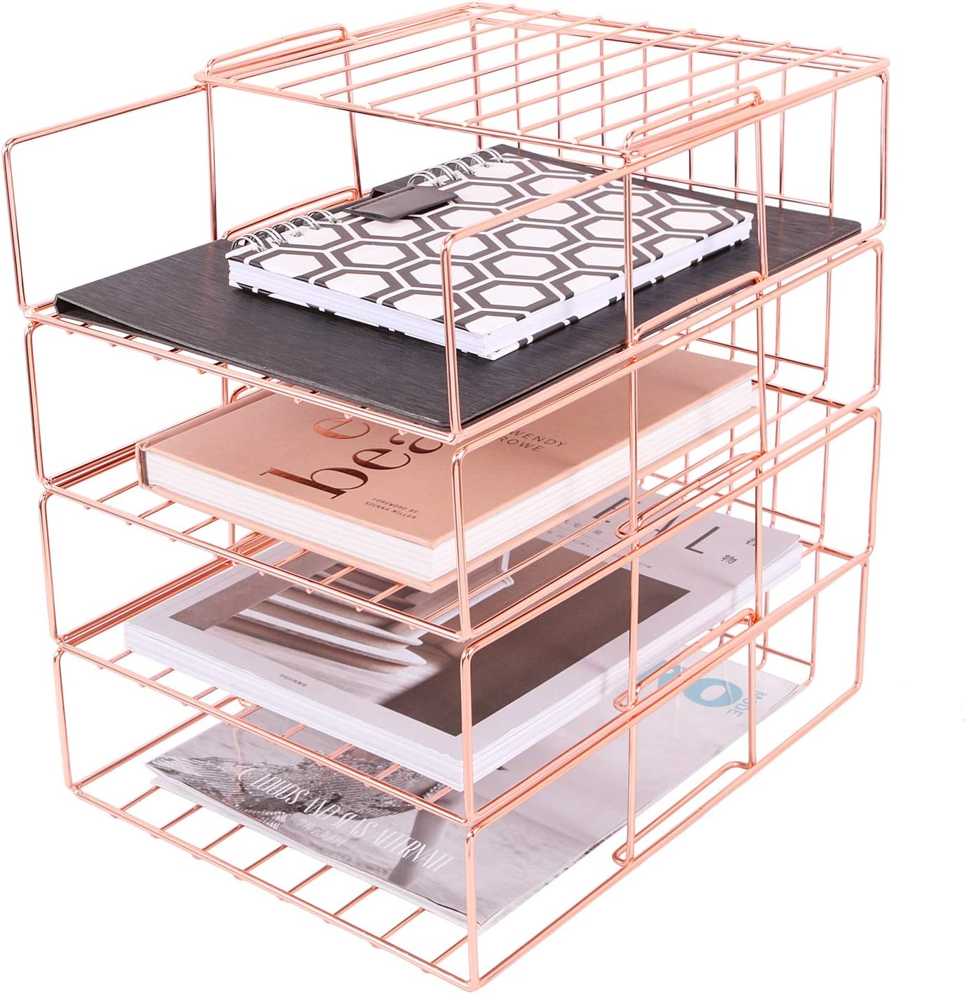 Hosaken Paper Tray, 4 Tier Stackable File Tray, Decorative Desk File Organizer Rack for Office Supplies and Accessories, 0.16Inch Thick Frame Rose Gold