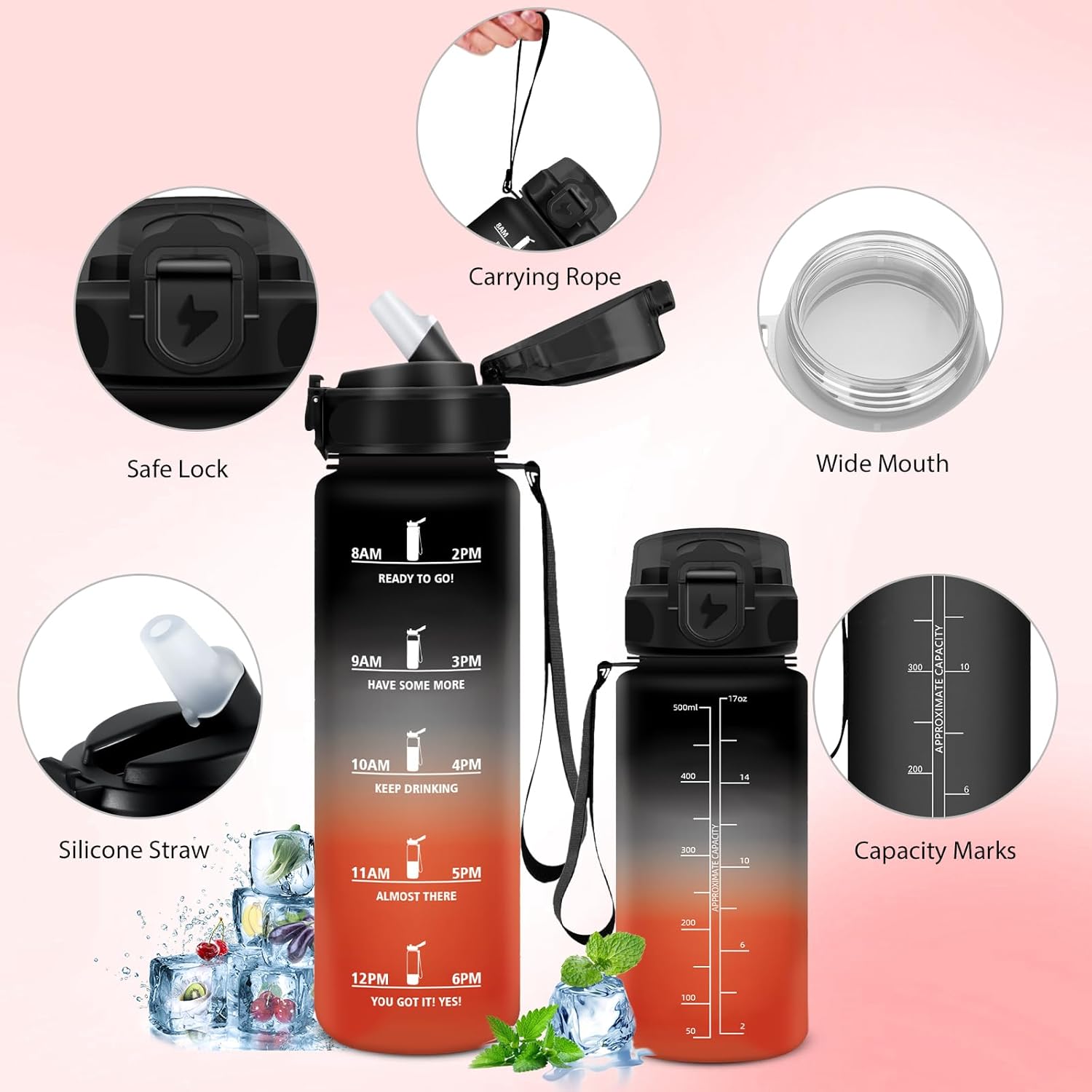 Grsta 1 L Sports Water Bottle with Straw, Leak-Proof, Motivational, Time Marking, BPA-Free, Perfect for Hiking, Fitness, Yoga, Camping, Outdoor