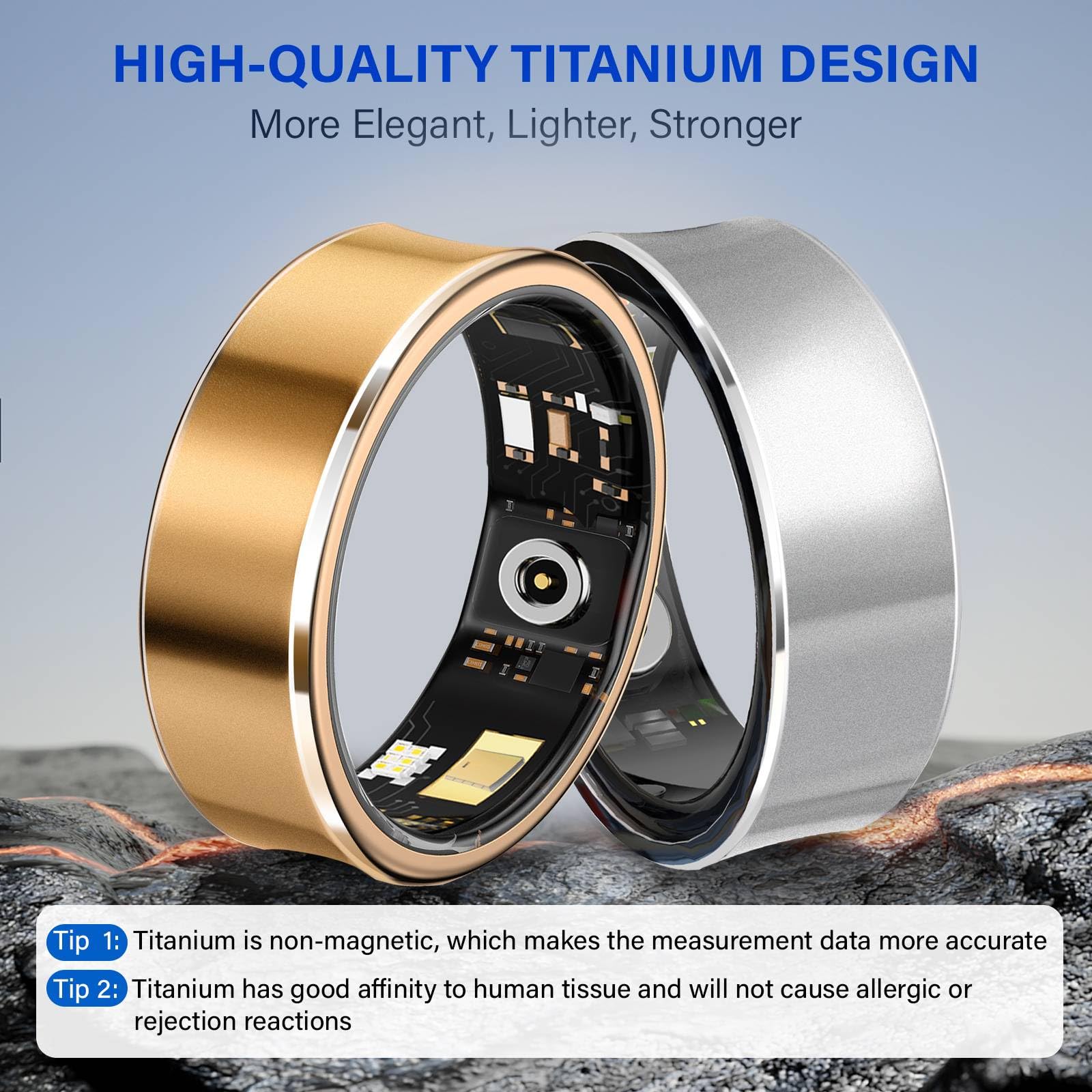 Smart Ring Fitness Tracker Ring for Men and Women - Titanium Material, Menstrual Cycle Tracker, Sleep Heart Rate Blood Oxygen Pressure Activity Steps Calories Tracker, No APP Subscription (Gold 10#)