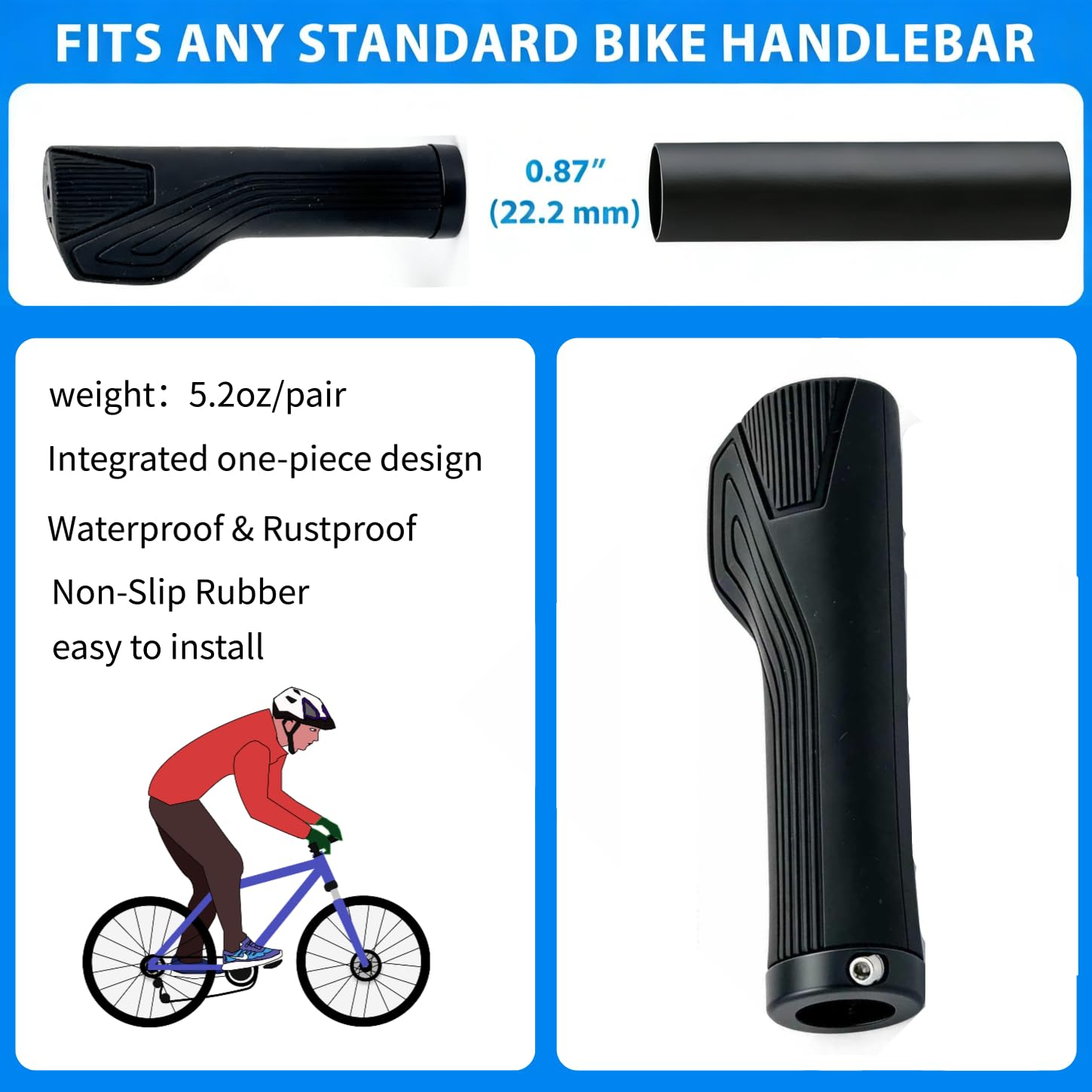 Manopole per bici e E-Bike, blocco singolo sul manubrio della bicicletta, per BMX, MTB, City, bici pieghevole, morbida impugnatura in gomma antiscivolo, comoda ed ergonomica