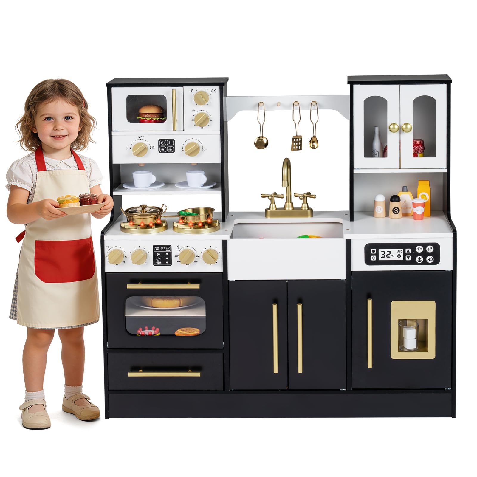 Maxmass Wooden Kids Toy Kitchen, Children Role Play Kitchen with Lights & Sounds, Stoves, Sink, Ice Machine, Microwave, Coffee Maker, Toddler Pretend Kitchens for 3+ Years Old Boys Girls (Black)
