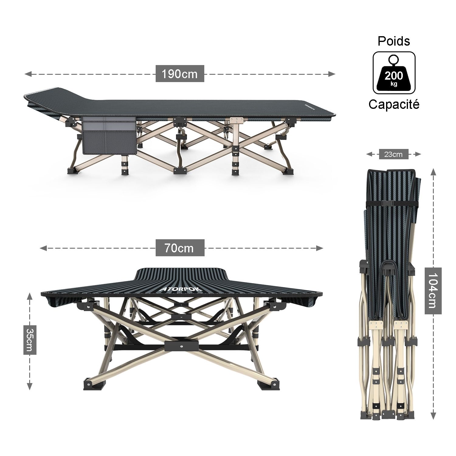 ATORPOK SHOP Cama de camping plegable robusta para adultos, carga hasta 200 kg, gran superficie de dormir 190 x 68 cm, pesca exterior jardín interior