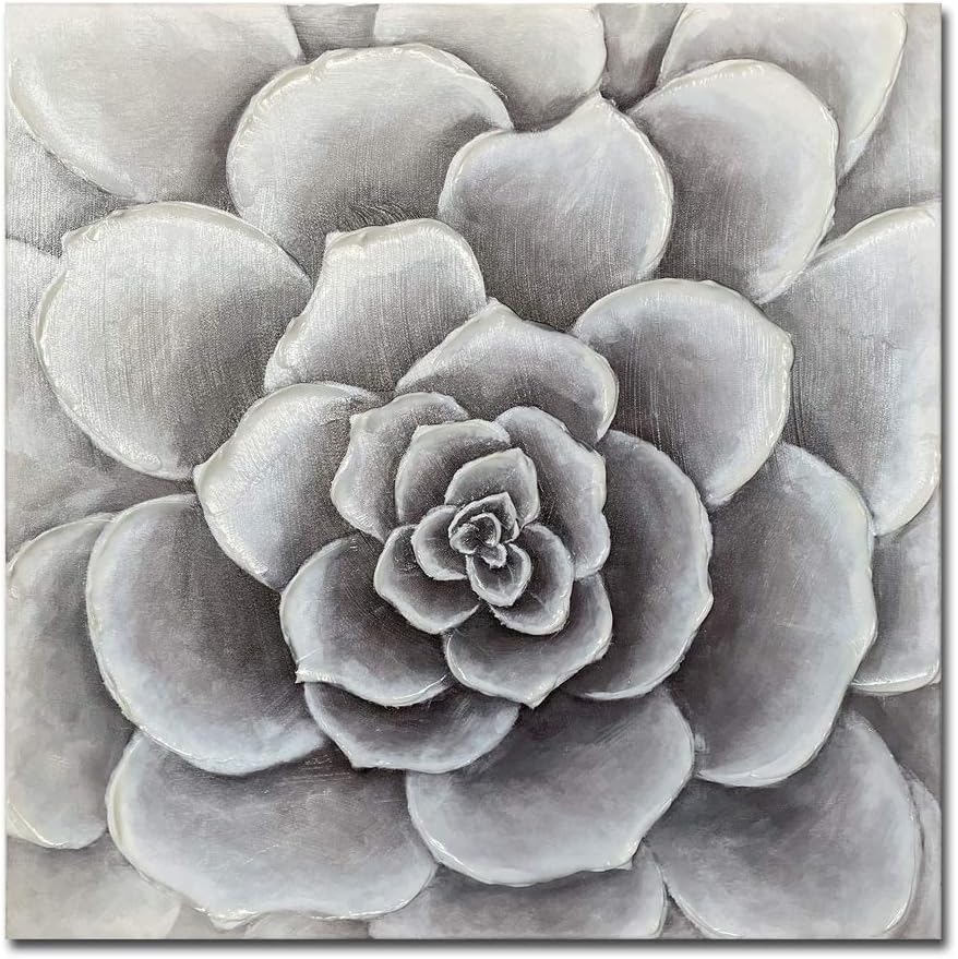 Paimuni Gray White Floral Succulent Plant Painting Modern Canvas Wall Art Printing with Embellishment Wall Decor Flower Pictures for Living Room Bathroom Bedroom Ready to Hang (24x24Inch)