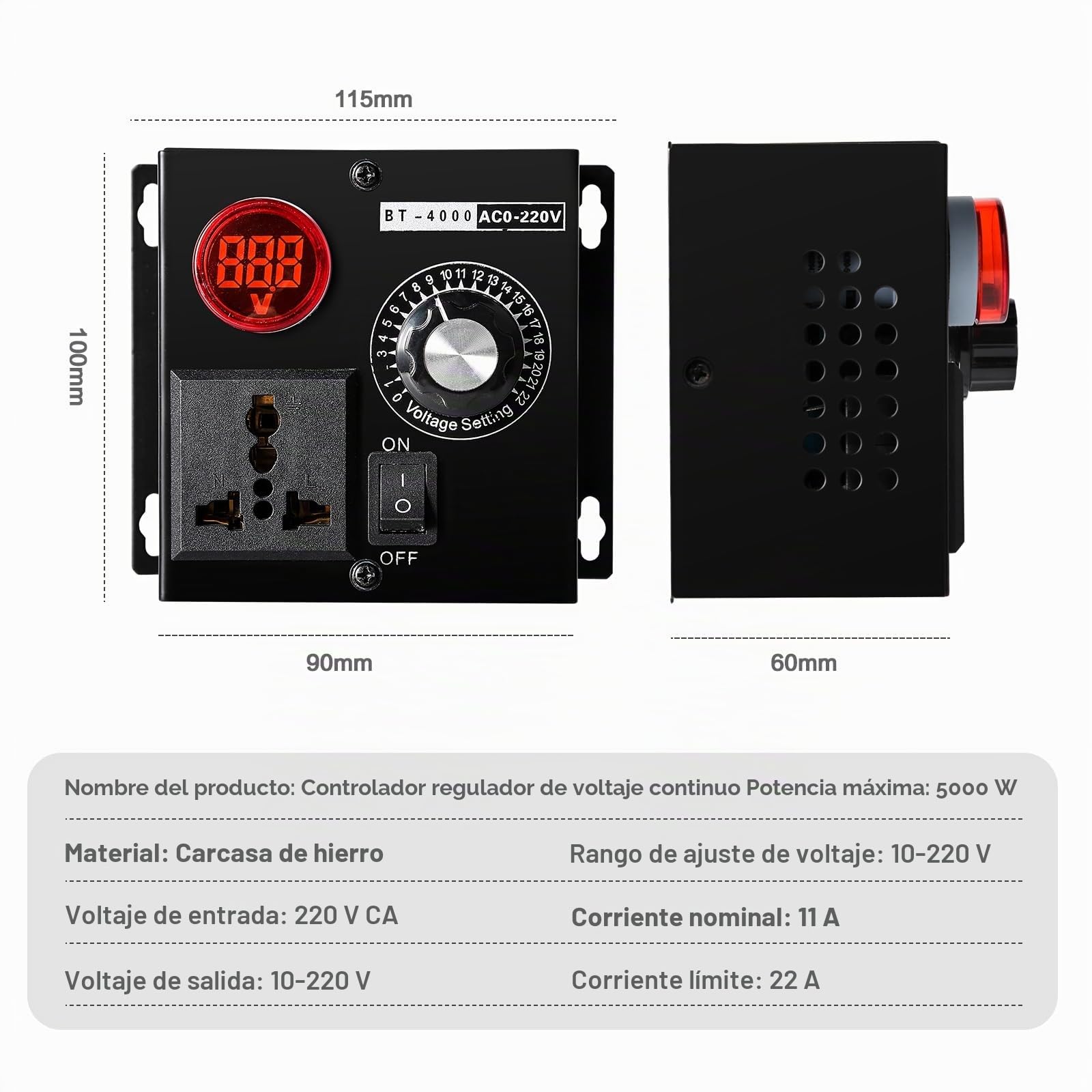 DEWIN Regulador de Voltaje 220V AC Regulador de Velocidad Ajustable 5000W SCR Controlador de Velocidad de Ventilador Multifuncional Reductor de Velocidad, Temperatura y Luz (EU Plug)