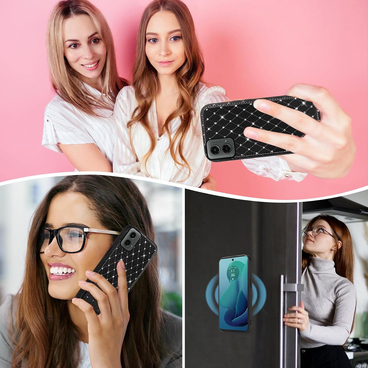 Asuwish Phone Case for Motorola Moto G 5G 2024 Zipper Wallet Detachable Magnetic Cell Cover with Tempered Glass Screen Protector Crossbody Strap Bling Flip Credit Card Holder G5G 5 G G5 Women Black