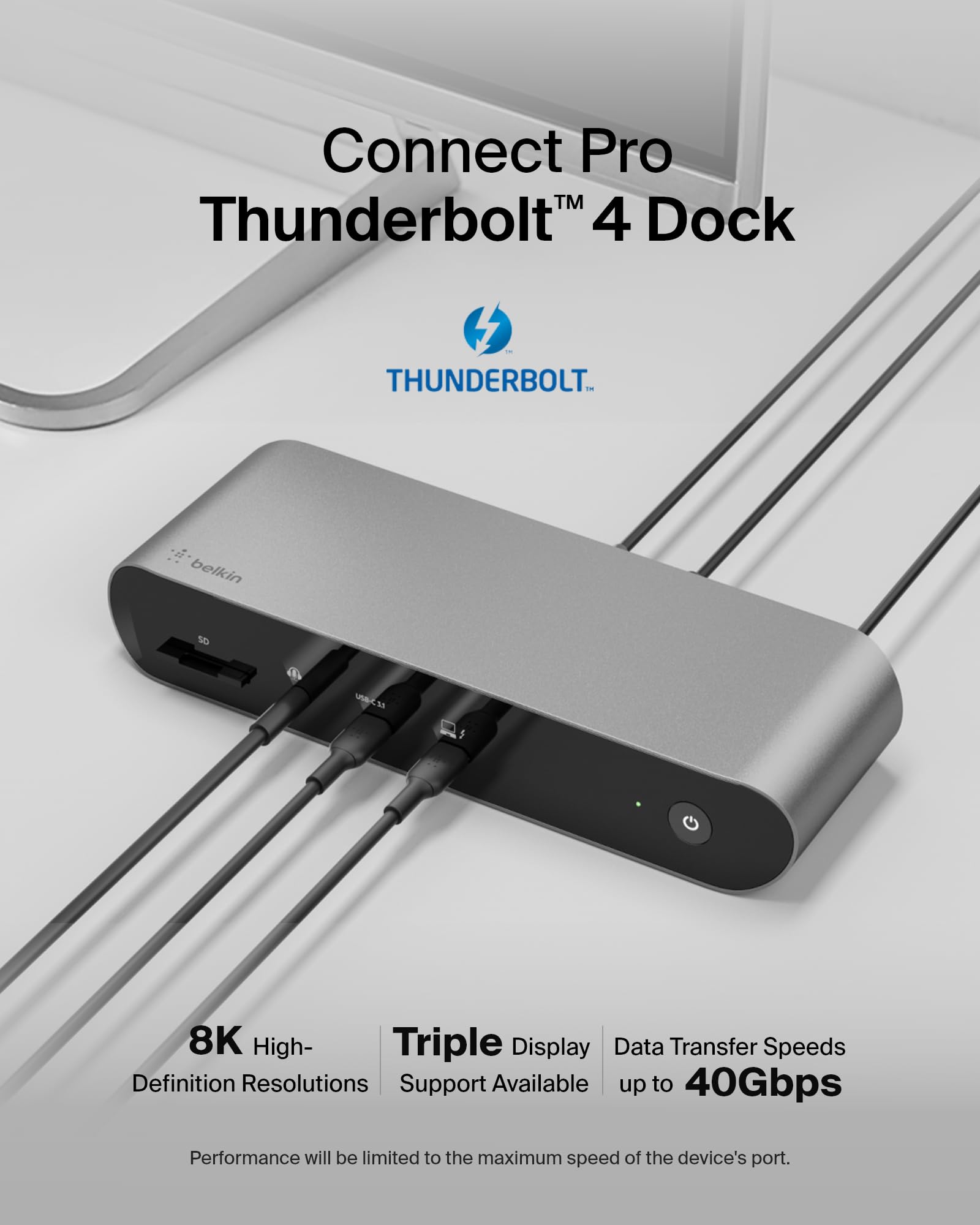 Belkin Thunderbolt 4 Dock Pro, Single 8K @ 60Hz, Dual 4K Display 