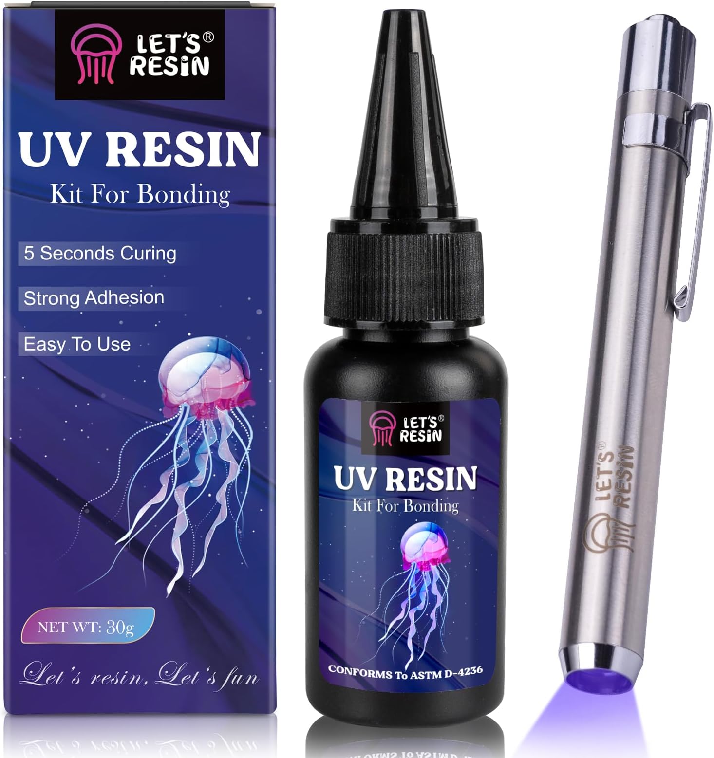 LET'S RESIN UV Resin Kit with Torch, Bonding & Curing in Seconds, 30g UV Resin Kit with UV Flashlight for Welding, Jewelry UV Glue Adhesive for Plastic Repair, Glass Light, Craft Decor
