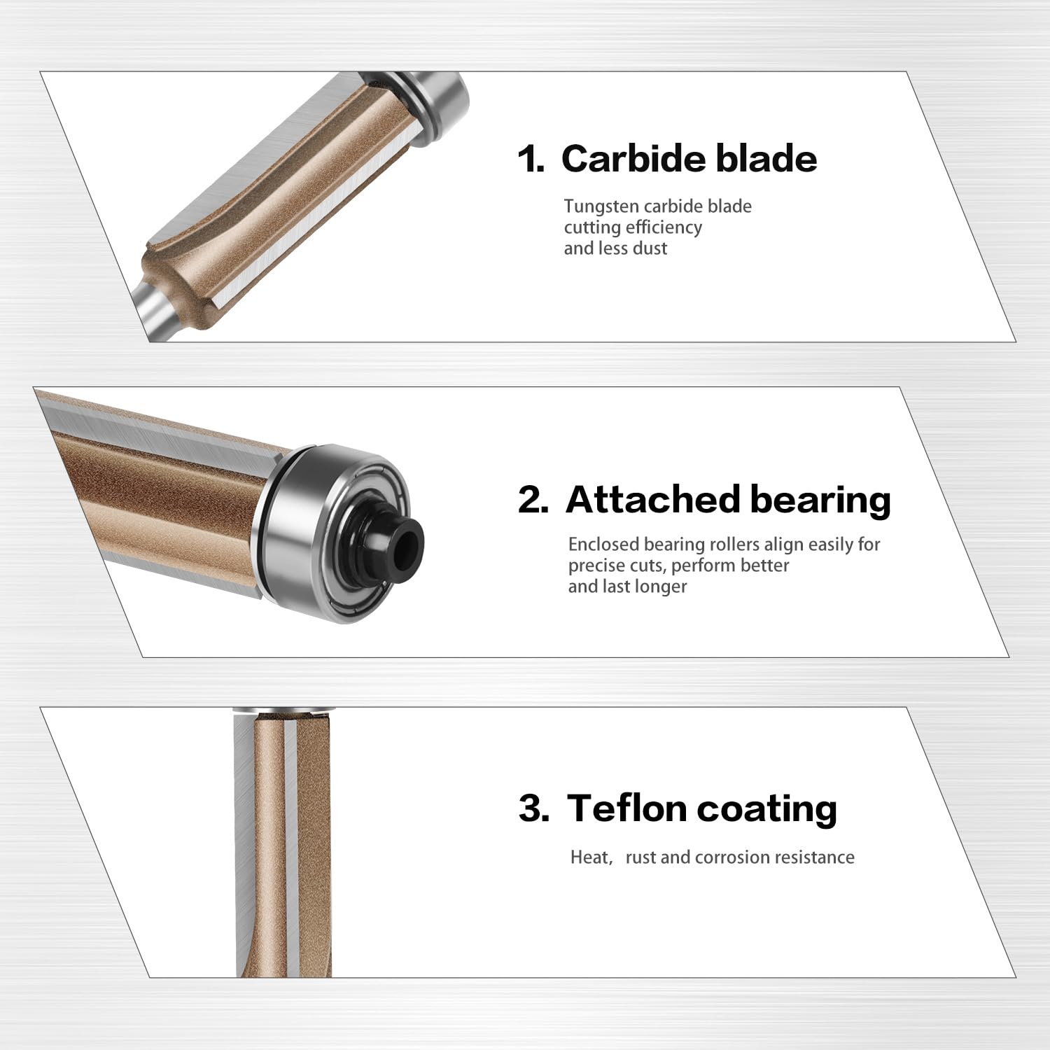 1/4in Shank 3-Blade Flush Trim Router Bit 3Flute Pattern Wood Router Bit, 1/2" Diameter, with Bearing Woodworking Milling Cutter