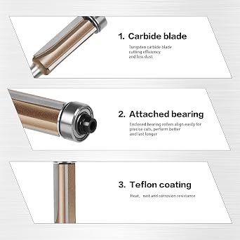 1/4in Shank 3-Blade Flush Trim Router Bit 3Flute Pattern Wood Router Bit, 1/2 Diameter, with Bearing Woodworking Milling Cutter