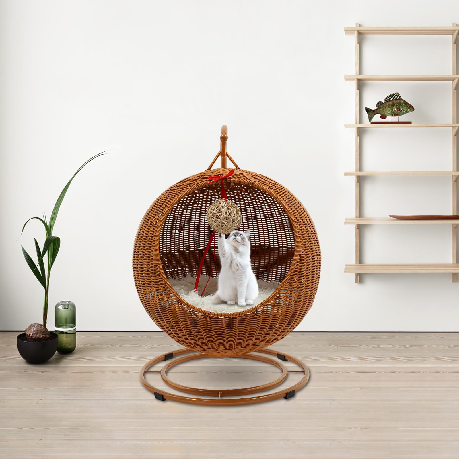 Cestino sospeso per gatti in rattan di imitazione PP, altalena per gatti con funzione altalena, cuscino rimovibile e grattacielo, moderno, per interni, soggiorno e balcone, fino a 7,5 kg