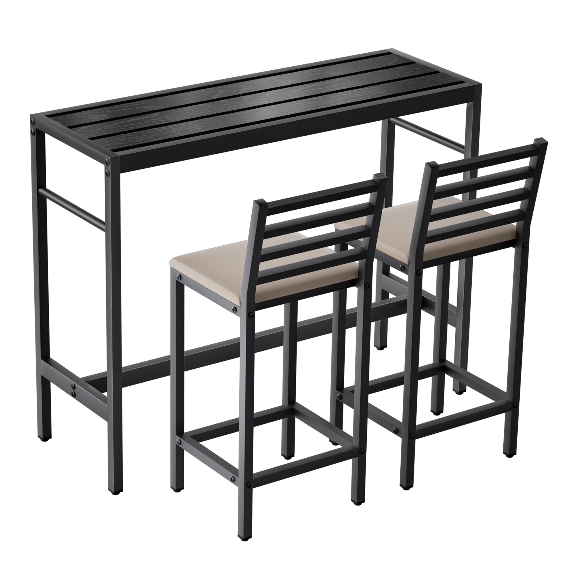 3 Pcs Outdoor Patio Bar Set, Outdoor Stainless Steel Patio Bar Set with 55'' Height Bar Table & 2 Cushioned Bar Table, Metal Bar Table and Chairs Set