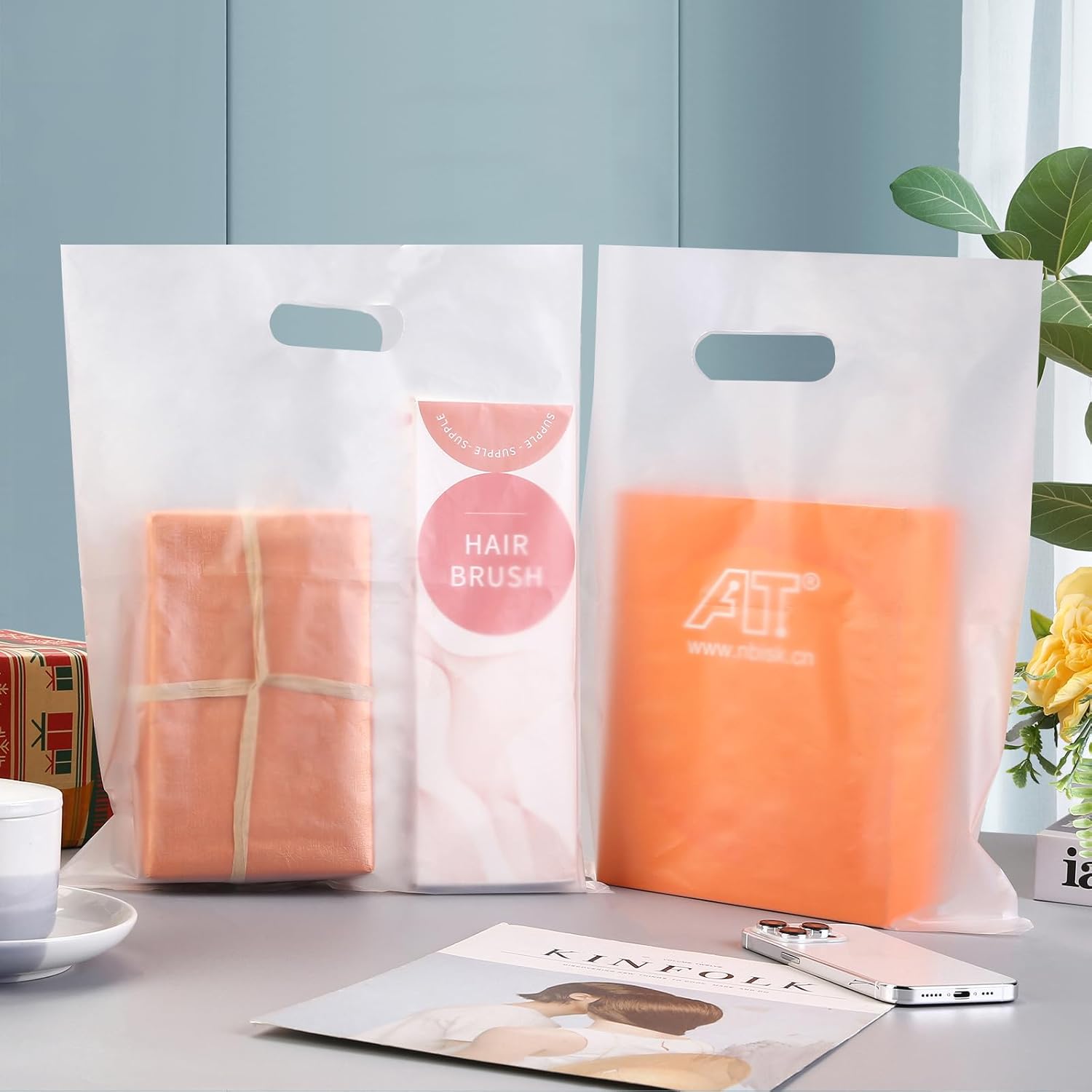 100pcs Plastic Bags With Handles, 12" x 15" Merchandise Shopping Bags for Small Business Retail Boutique Stores - Image 3