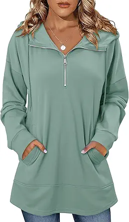 onlypuff Women Hoodie Pullover Trendy Quarter Zipper Lapel Sweatshirts Drawstring Cute Hooded Tunic Tops with Side Pockets