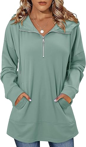 onlypuff Women Hoodie Pullover Trendy Quarter Zipper Lapel Sweatshirts Drawstring Cute Hooded Tunic Tops with Side Pockets