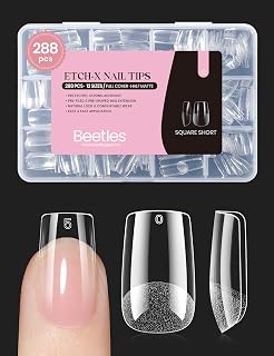 Beetles Etch-X Square Short Gel Nail Tips, 288pcs 12 Sizes Pre-Etched Half Matte Press-On False Nails for Easy DIY Extensions