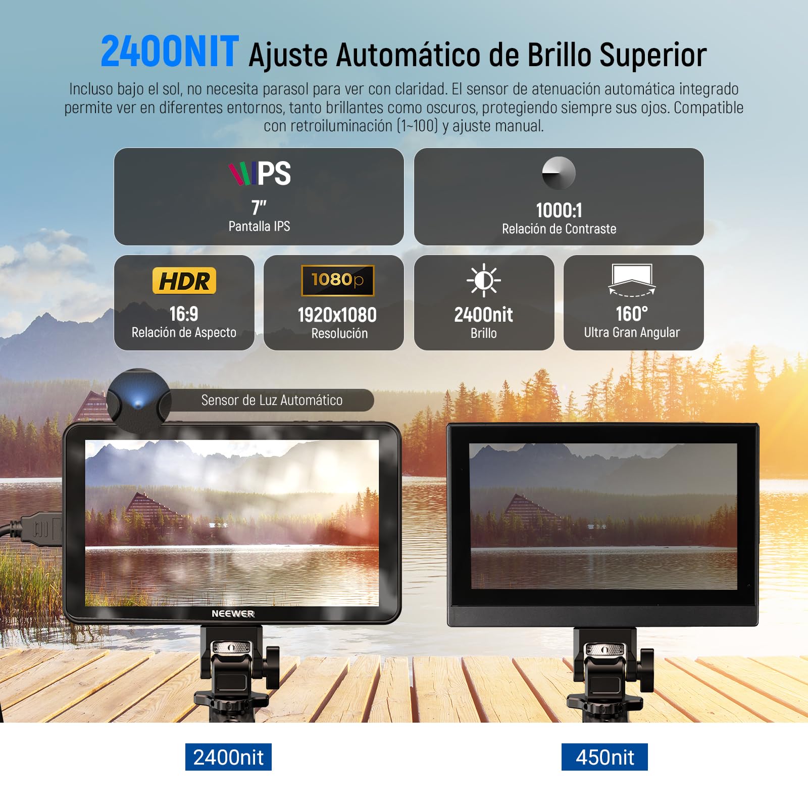NEEWER Monitor de Campo de cámara F600 de 7 Pulgadas, Pantalla táctil IPS HD de 2400 nits, 1920 x 1080 con LUT 3D, Entrada y Salida HDMI 4K con Enfoque Pico DSLR Video Assist HDR, Soporte de Zapata