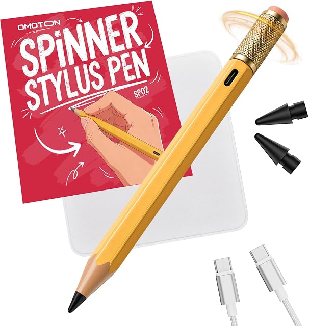 OMOTON Stylus Pen for iPad 2018-2026, Pencl with Fidget Spinner, Tilt Sensitivity & Palm Rejection for Apple iPad A16 /6/7/8/9/10/11th Gen& Air 3/4/5/M2/M3/M4& Pro11/12.9/13& Mini 5/6, Yellow