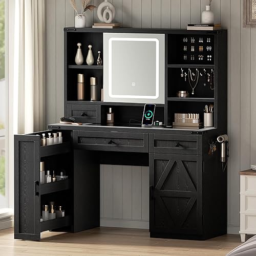 Miniatura 11 de Tocador de maquillaje estilo granja con luces y espejo deslizante, mesa de tocador con superficie de cristal y estación de carga, almacenamiento