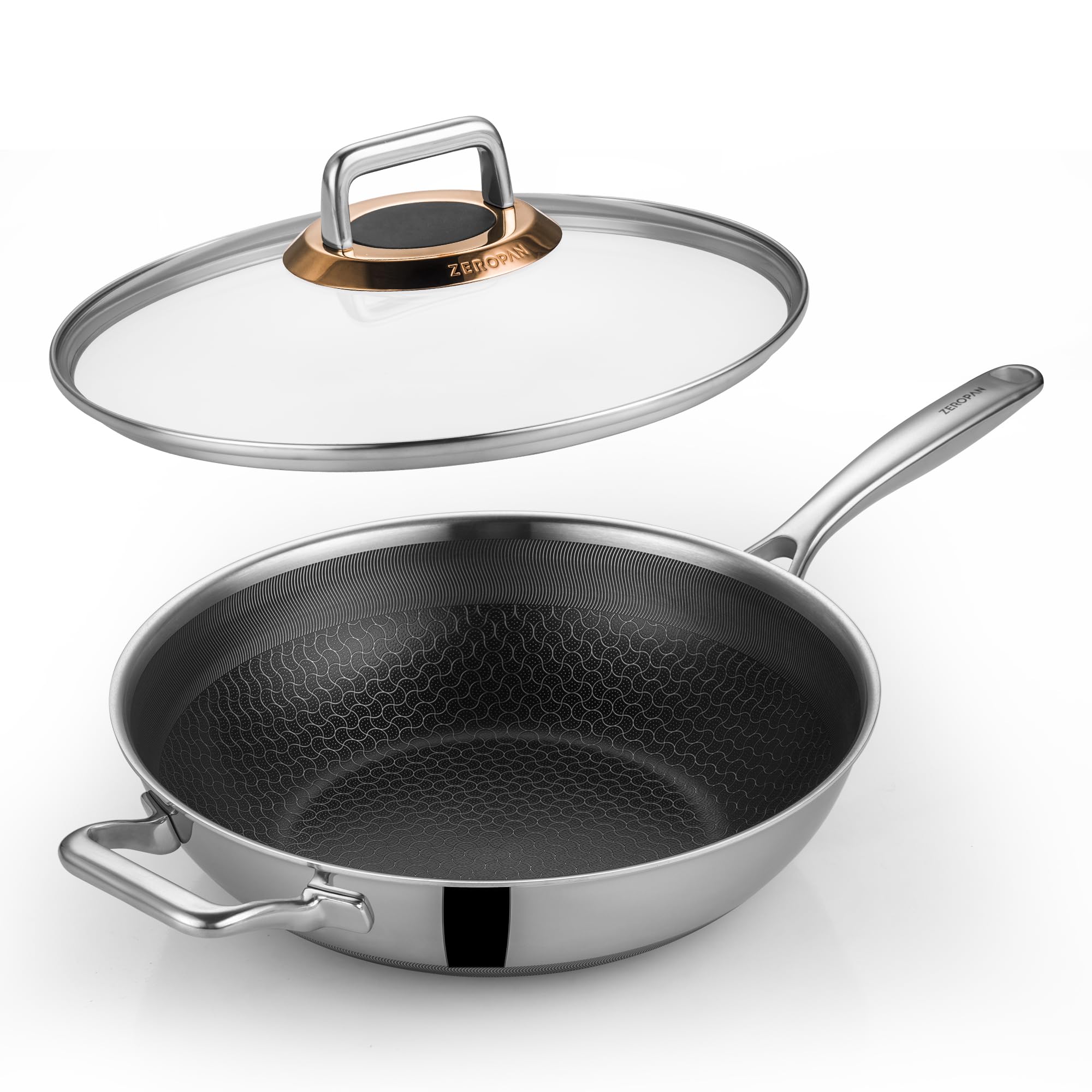 ZEROPAN Wok with Lid Non Stick 30cm, Hybrid Wok Stir Fry Pan, Frying Pan, Stay-Cool Handle, Dishwasher, PFAS PFOA & PTFE Free, Oven-Safe Up to 260°C, Suitable for Induction All Cooktops