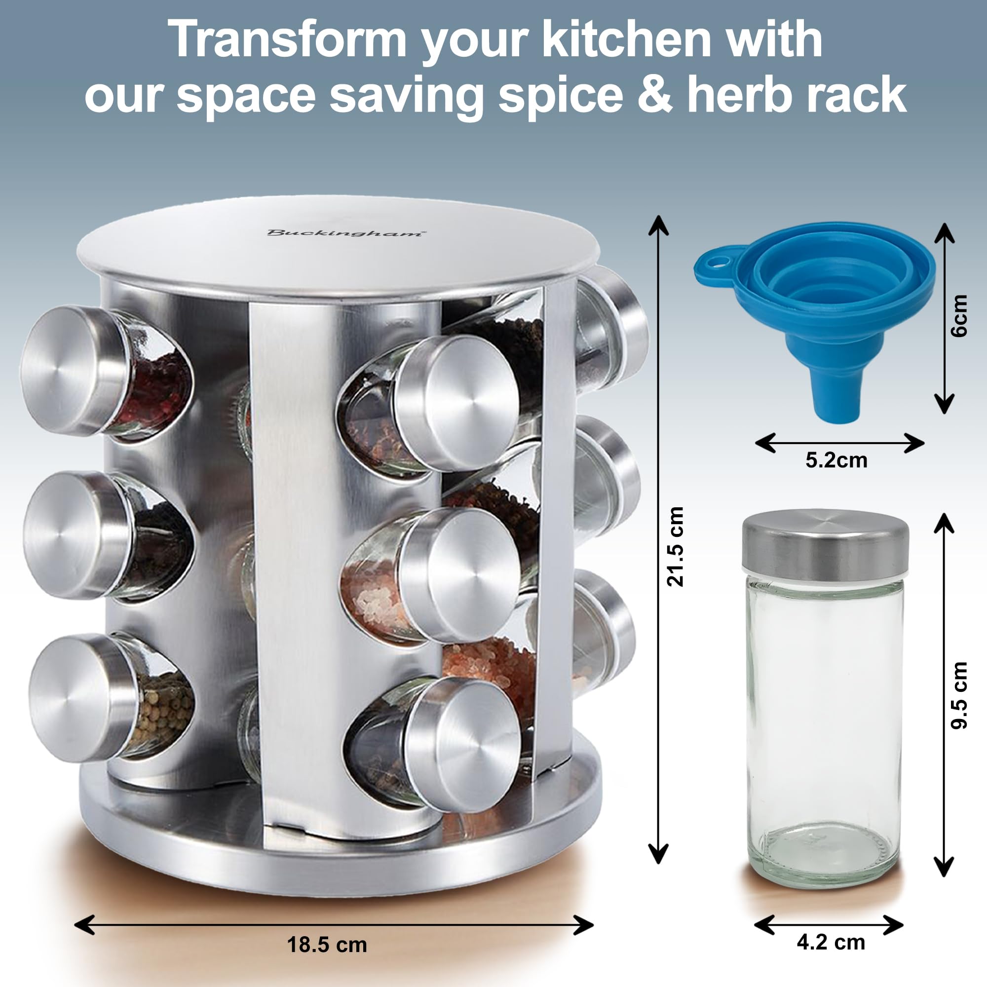 Buckingham 30920 - Estante giratorio de acero inoxidable con cristal, organizador de carrusel para especias y hierbas de cocina (12 tarros)