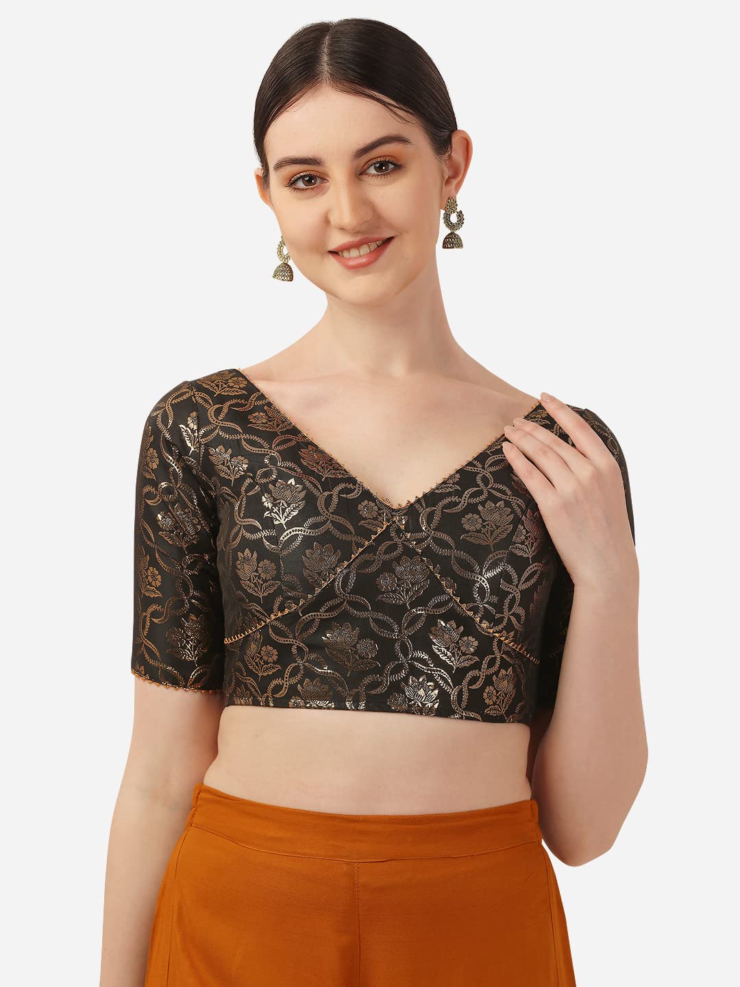 Oomph Women's Art Silk Short Sleeve Regular Blouse (Rbbl289_Coffee Brown L)