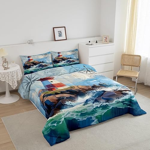 Miniatura 2 de Juego de edredón de olas oceánicas, tamaño Queen, juego de ropa de cama náutica retro con brújula de faro para mujeres, hombres y niños, decoración
