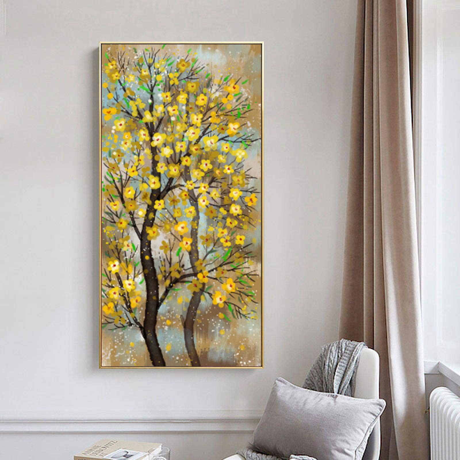 Impreso en lienzo Modern Golden Rich Tree Pinturas abstractas Carteles de plantas de flores Fácil de colgar Decoración de la sala de estar 55x110cmx1pcs marco interior