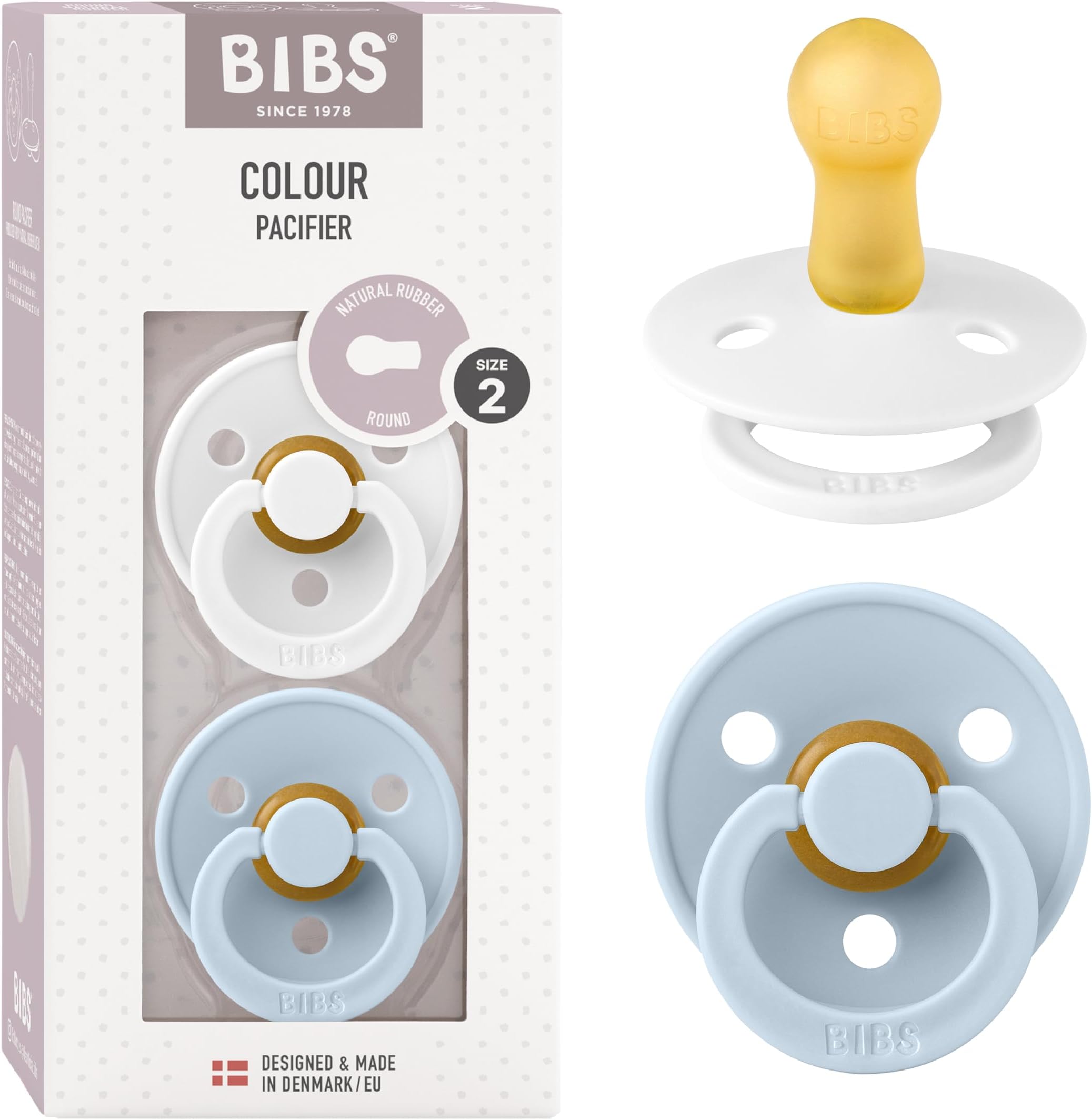 Pacifiers | Natural Rubber Baby Pacifier | Set of 2 BPA-Free Soothers | Made in Denmark | Baby Blue/White | Size 6-18 Months