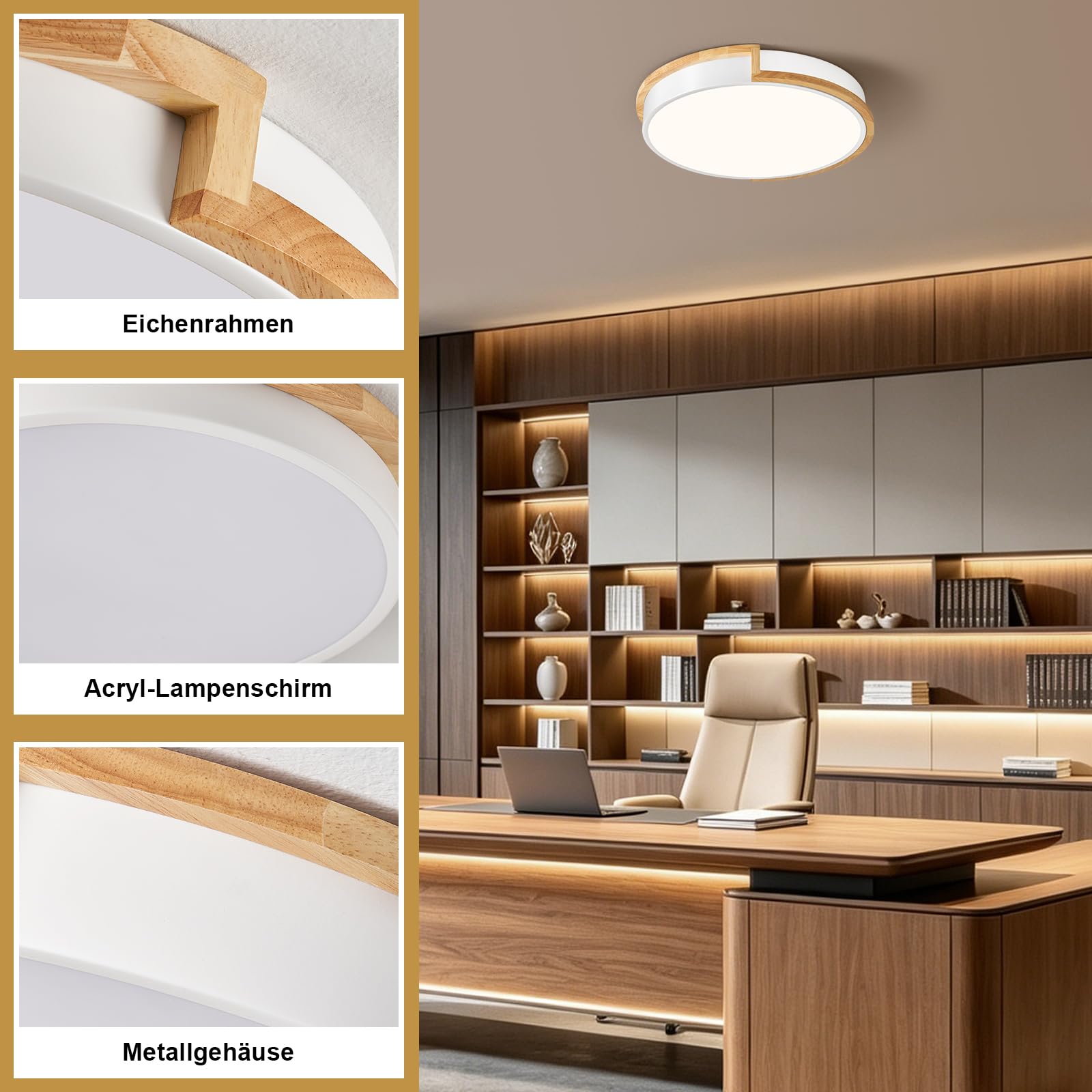 LED Deckenleuchte, Weiß Deckenlampe 40cm | 36W Lampe mit Holz für Schlafzimmer Wohnzimmer Küche Flur Esszimmer 4000K