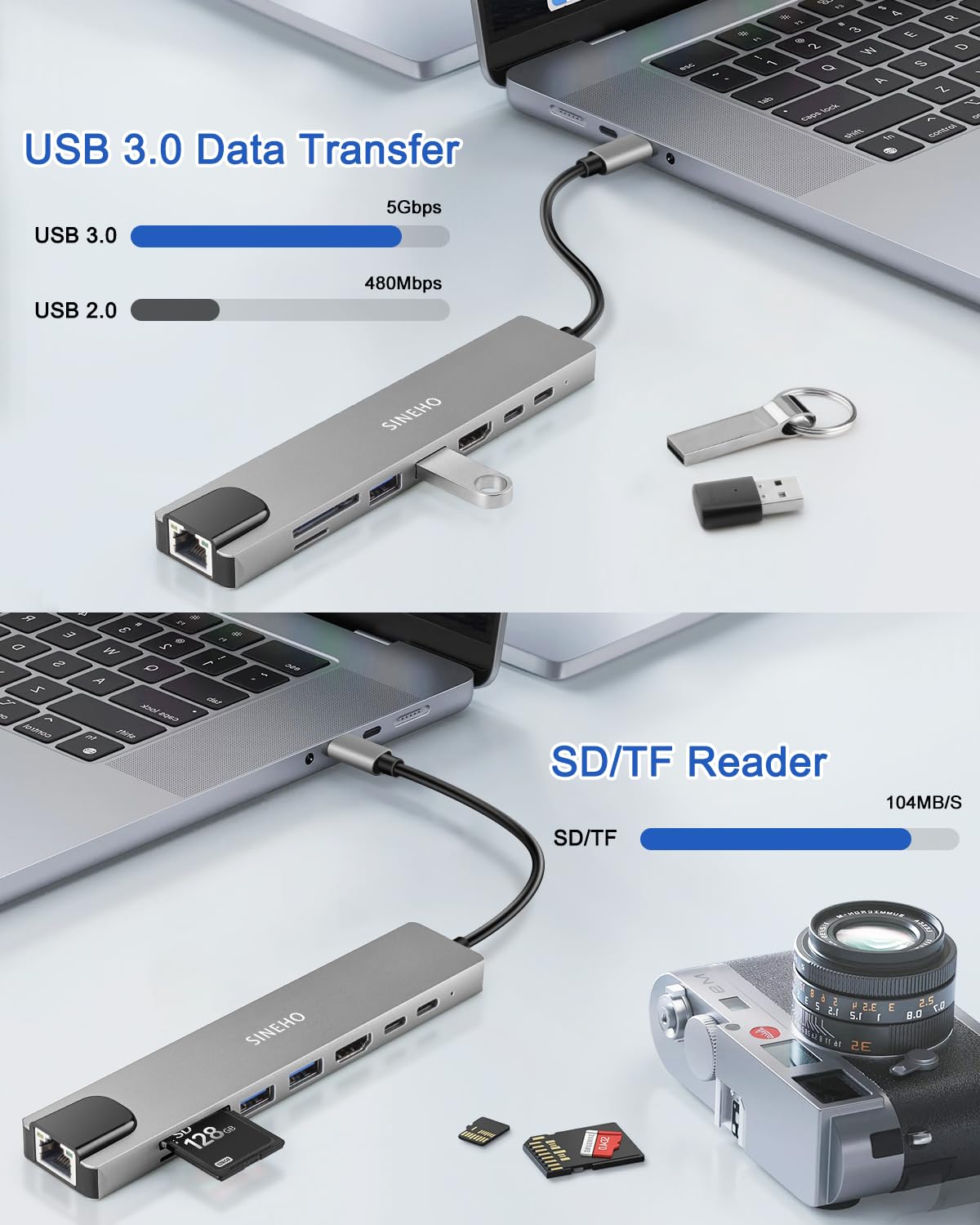 Hub USB C 8-in-1 HDMI 4K Ethernet Lettore di schede SD/TF | Porta dati USB-C, ricarica PD 100W, USB 3.0 e USB 2.0 per MacBook Pro/MacBook Air, XPS, Surface Pro e altri dispositivi