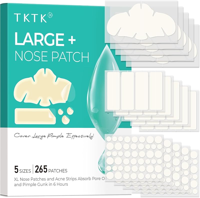 TKTK XL Nose Hydrocolloid Patches, 91x48mm, 265 Count | Gentle hydrocolloid care for face, Nose contoured, strip, dots 5 sizes 265 count, Cover zit blemishes & absorb oil