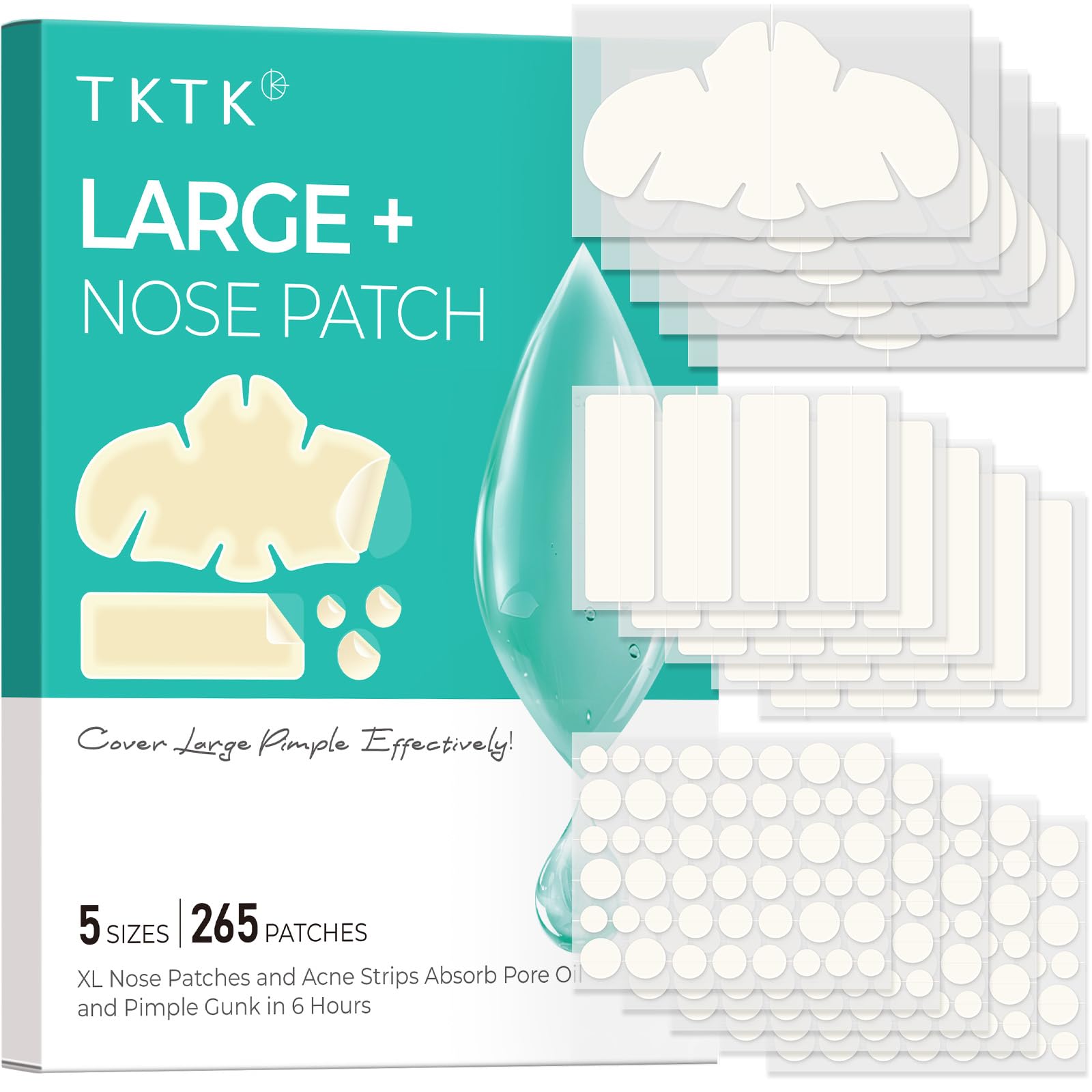 TKTK Hydrocolloid Nose Patches, XL Nose Pore Strips 91 x 48 mm, Large Hydrocolloid Acne Pimple Patches for Face, Cover Zit Blemishes & Absorb Oil (
