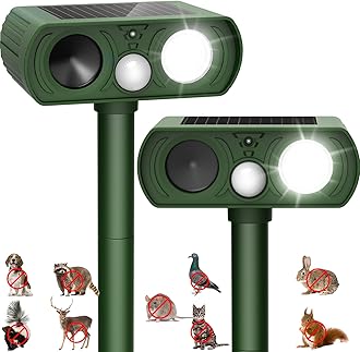 2PACK Solar Ultrasonic Animal Repellent Outdoor, Deer Repellent Devices Squirrel Cat Raccoon Rabbit Dog Deterrent, Keep Rodent Chipmunk Away Motion Detection with Flash Light for Yard Garden Lawn