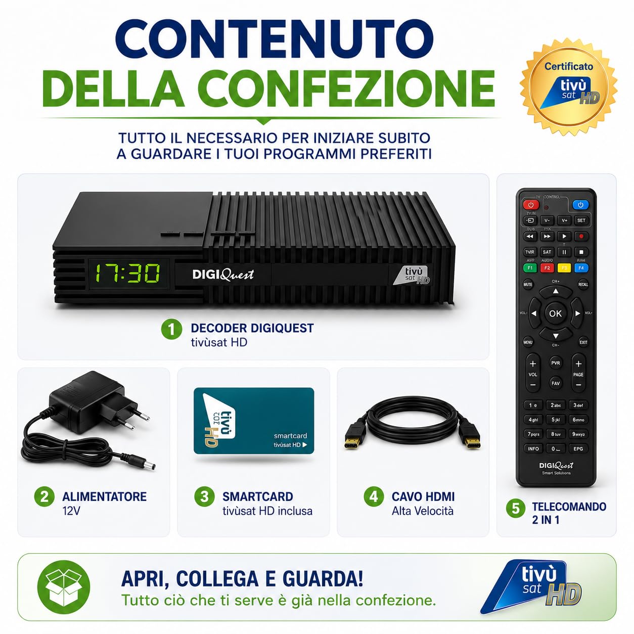 DIGIQUEST Decoder Tivùsat Ti9, DVB-S2 | CAVO HDMI INCLUSO | AUTO INSTALLANTE | Smartcard Tivùsat inclusa | DVB-T2 HEVC Main 10 | Registrazione attivabile | Merlin