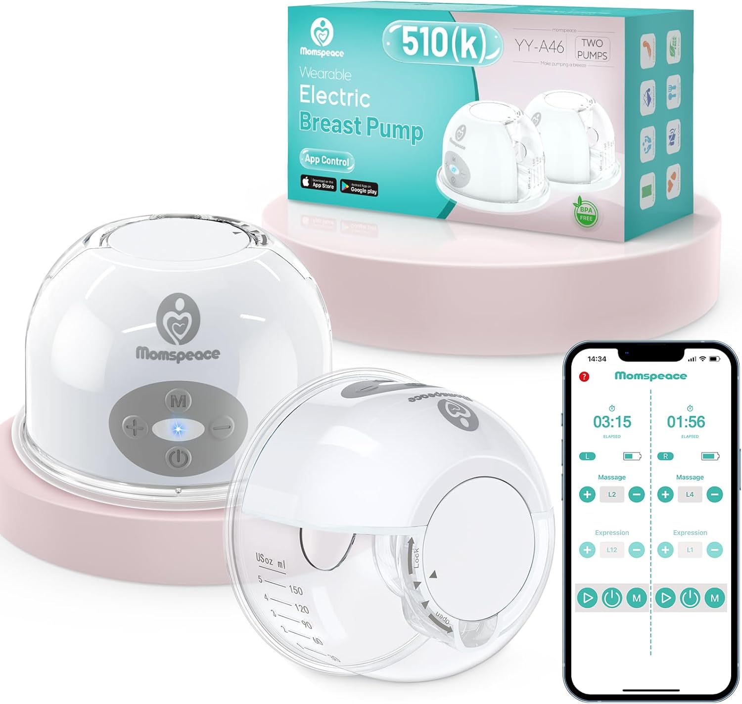 Breast Pump Hands Free with APP for Busy Moms, Momspeace Upgraded Portable Electric Breast Pumps, Discreet Pumping Anywhere, Anti-Backflow, Safe, Double Breast Pumps for Breastfeeding, 24mm, 2 Pack