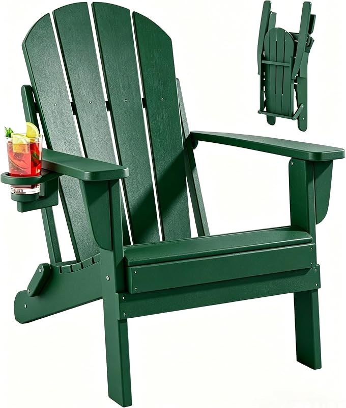 Adiromoti Folding Adirondack Chairs Set, All-Weather Resistant HDPE Sturdy Outside Chairs with Cup Holder and Phone Stand, Lawn Chairs, 80% Pre-Installed Load Capacity 385lb, Deep Green