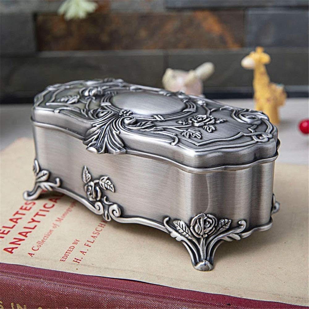 Ornato 5.5 x 3 x 2 Pollici Scatola Rettangolare Scatola Anticata organizzatore Gioielli Anello Decorativo Anello Collana Braccialetto amuleto, Argento