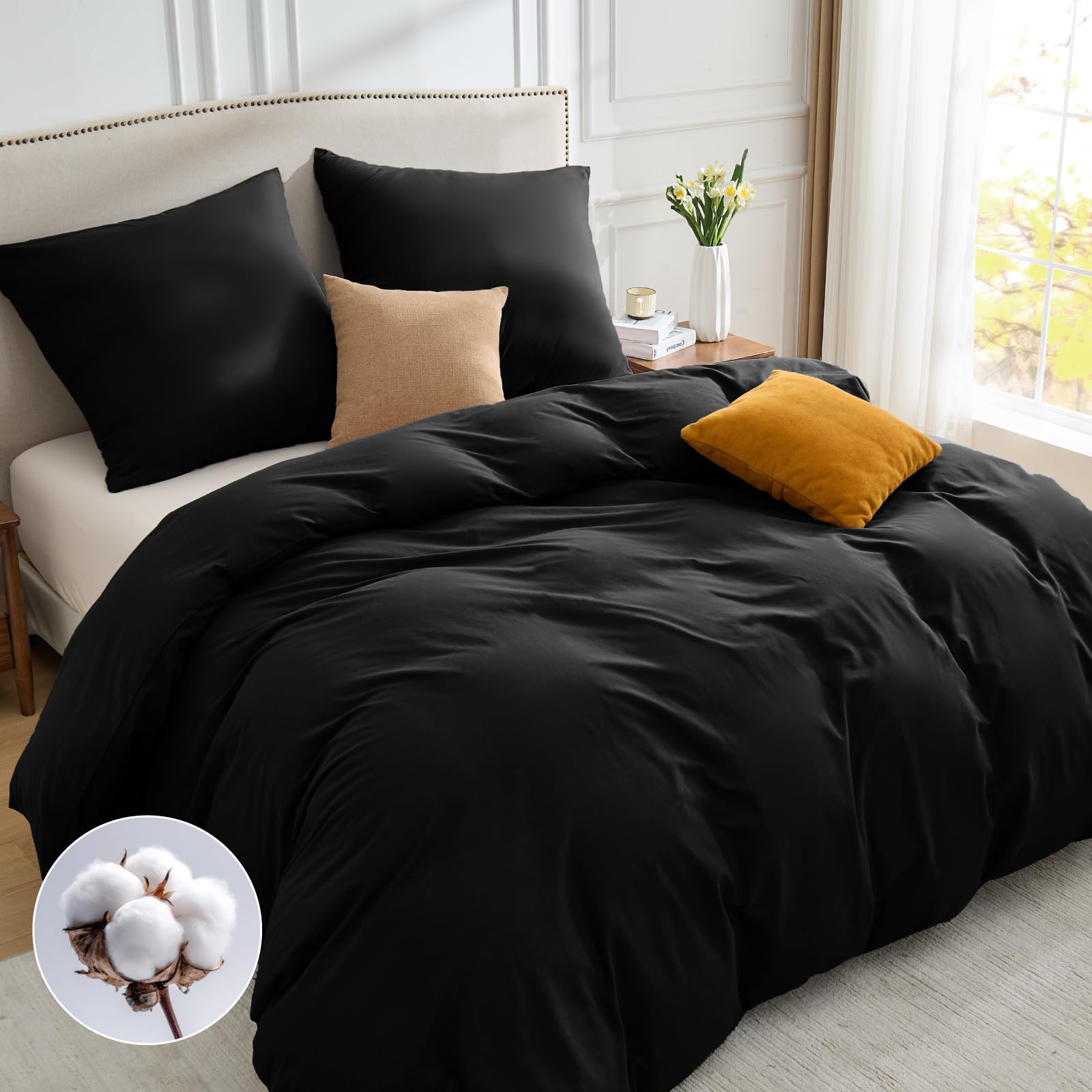 BEDELITE Bettwäsche 155x220 Baumwolle 3teilig - Bettwäsche-Sets Schwarz mit Reißverschluss, Bettbezug 155x220cm mit 2 Kissenbezüge 80x80 cm, Oeko-TEX Bedding weiche und kuschelige Bettwaren