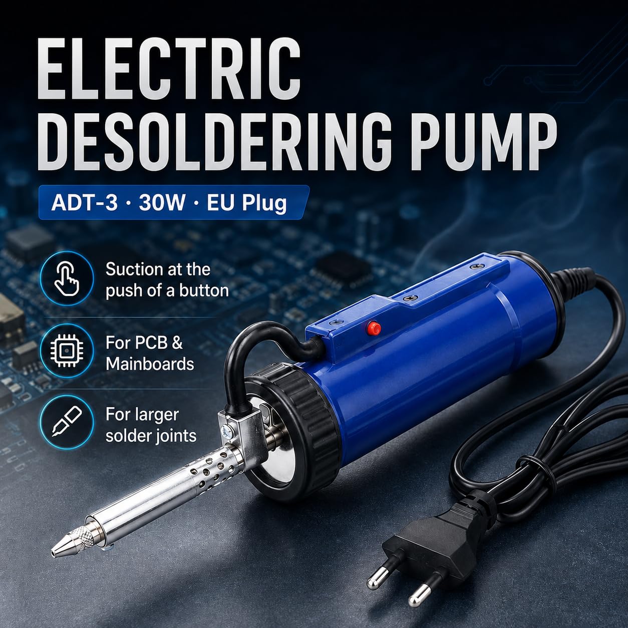 Pistola de Bomba Desoldadora, 30W ADT-3 Bomba Desoldador Ventosa Soldadura por Vacío Eléctrica Completamente Automáticapara para Desoldadura de Agujero Pasante, Enchufe Europeo 250V