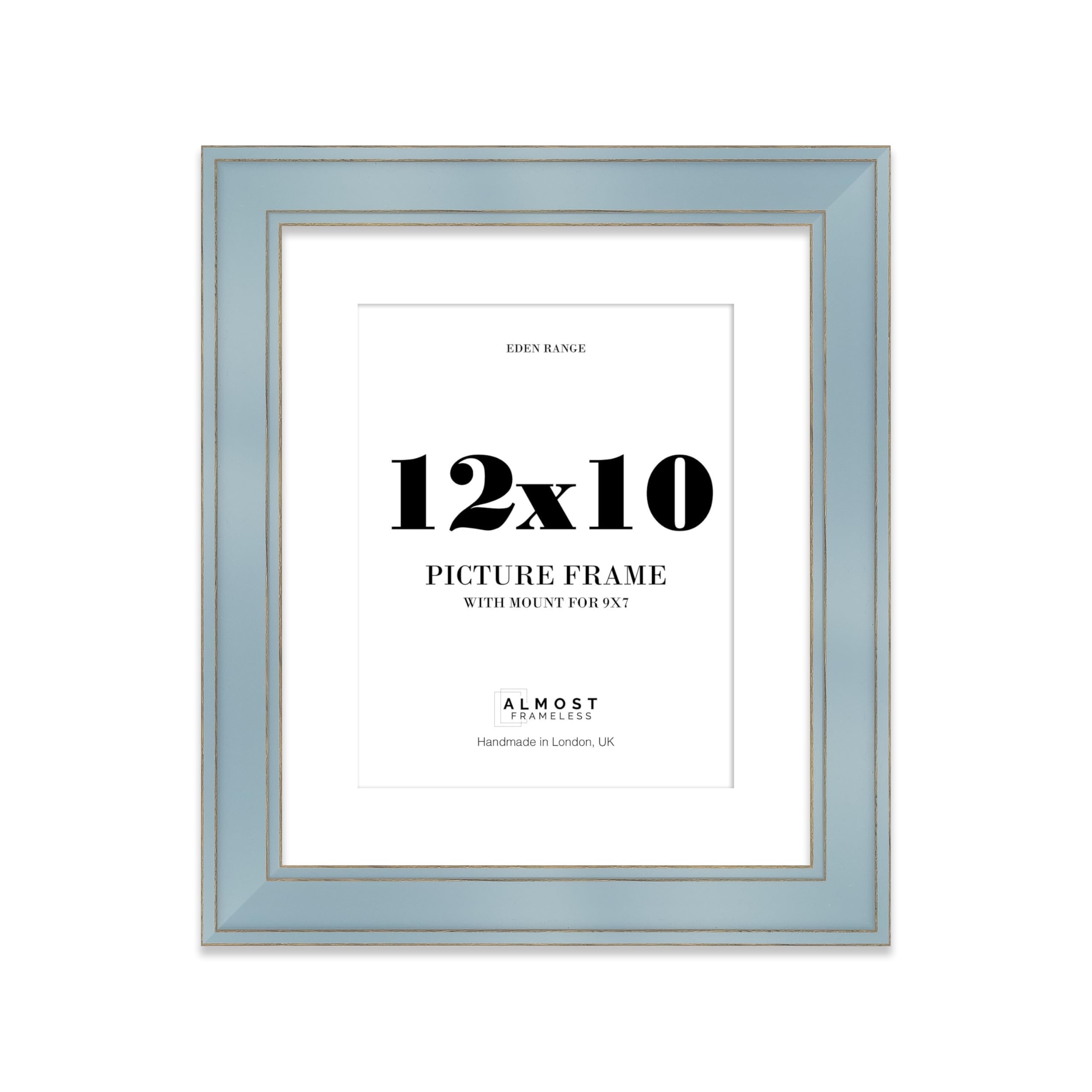 12x10" Cornflower Blue Picture Frame with 9x7" Mount - Shabby Chic Photo Frame with Distressed Finish, Gold Trim, Wall Hooks and Kickstand, 37mm Edge - 1 Pack