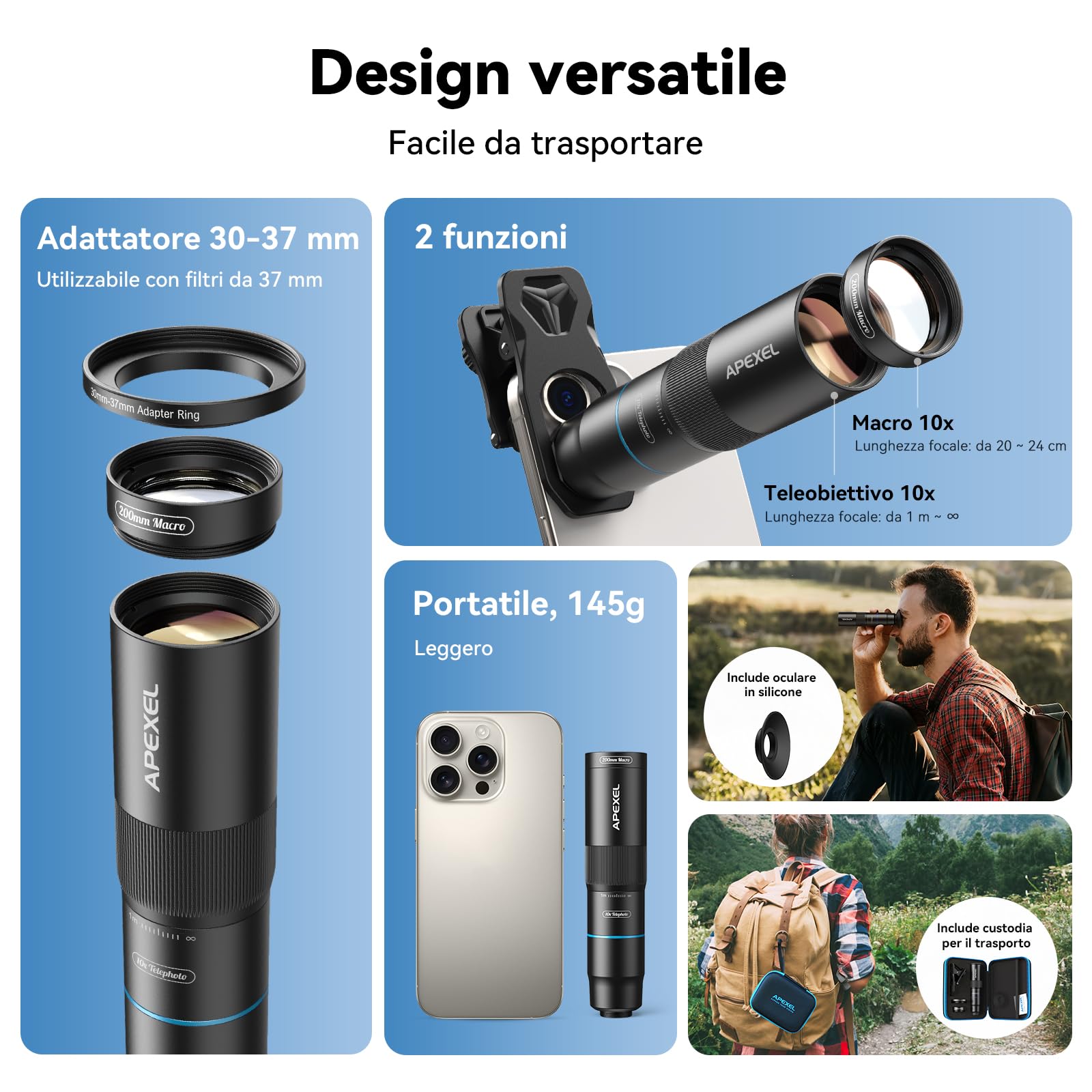 APEXEL Teleobiettivo Compatto 10x & Lente Macro 200 mm per Smartphone con Clip Universale, Obiettivo ED Professionale FMC, Adatto per iPhone 17/16/15... Samsung, Pixel e Altri Smartphone