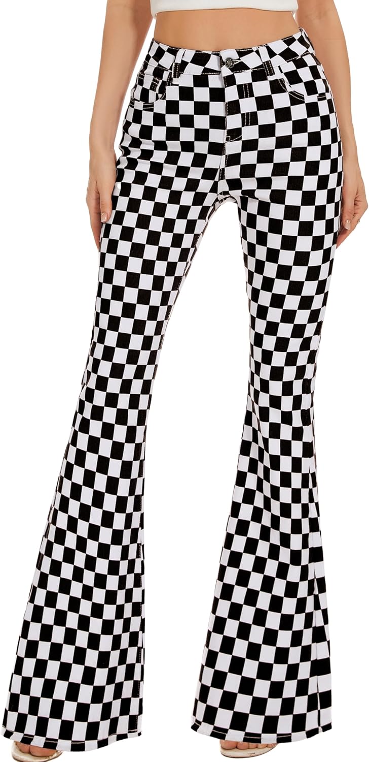 Bell Bottom Jeans for Women High Waisted Stretch Plaid Flare Jeans Denim Bootcut Pants