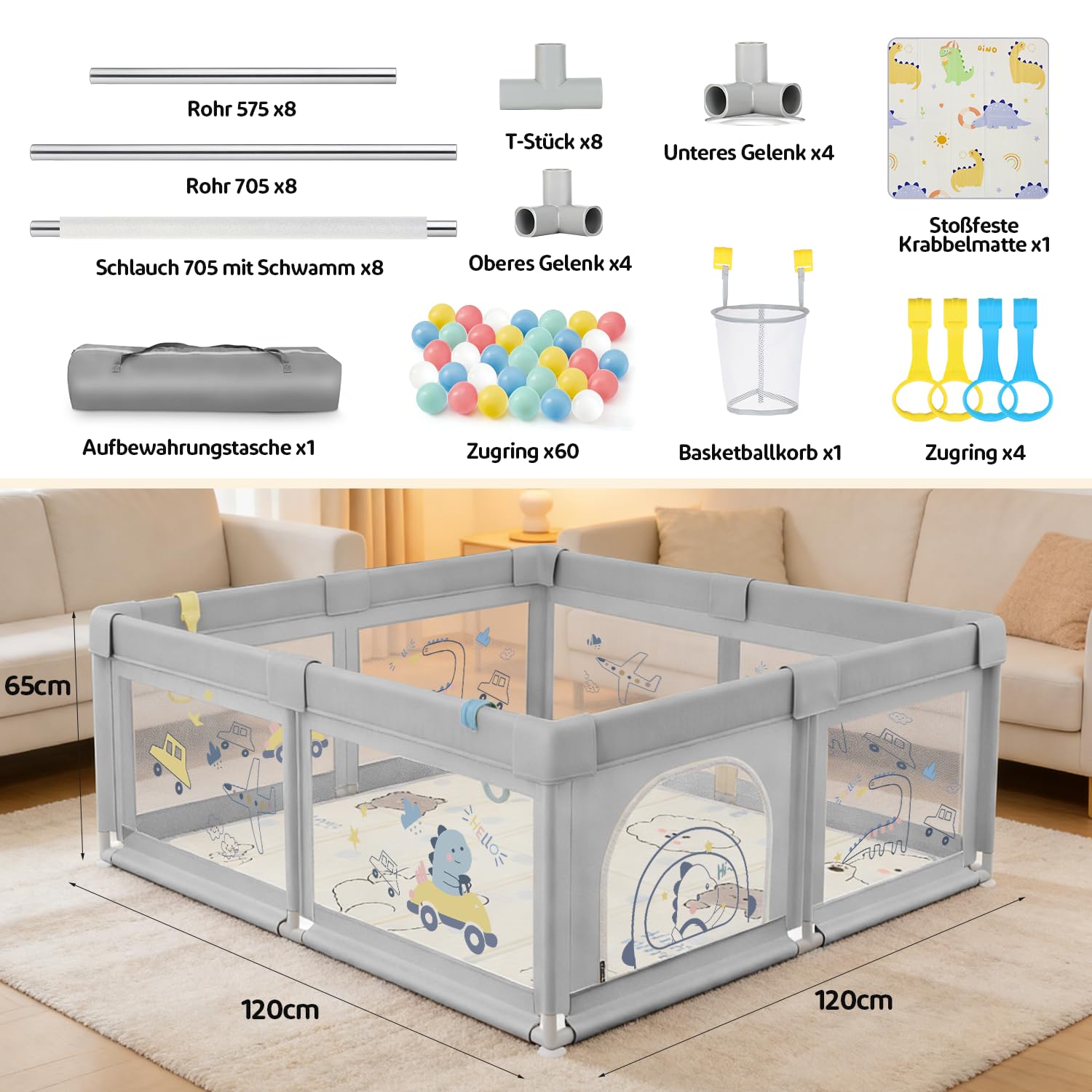 Laufstall Baby 120x120 mit Matratze, Laufgitter mit 360°Atmungsaktivem Netz, Oxford-Stoff, Rutschfester Basi, Sicher Aktivitätszentrum für Kinder, 60Ozeanbälle/4 Zugringen, Grauer Dinosaurier