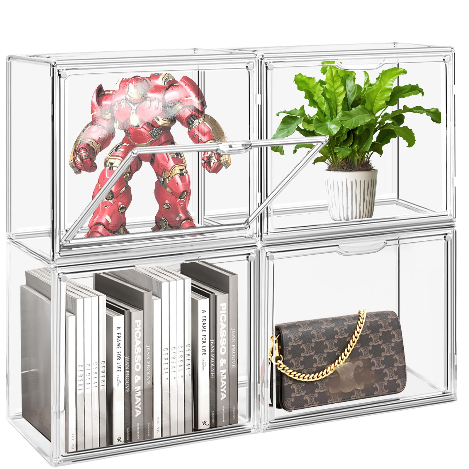 1Pack Clear Stackable Plastic Storage Bins with Magnetic Lid, X-Large Acrylic Display Cases for Book Cosmetic Figures Collectibles Showcase, Shoe Box, Bag Organizer
