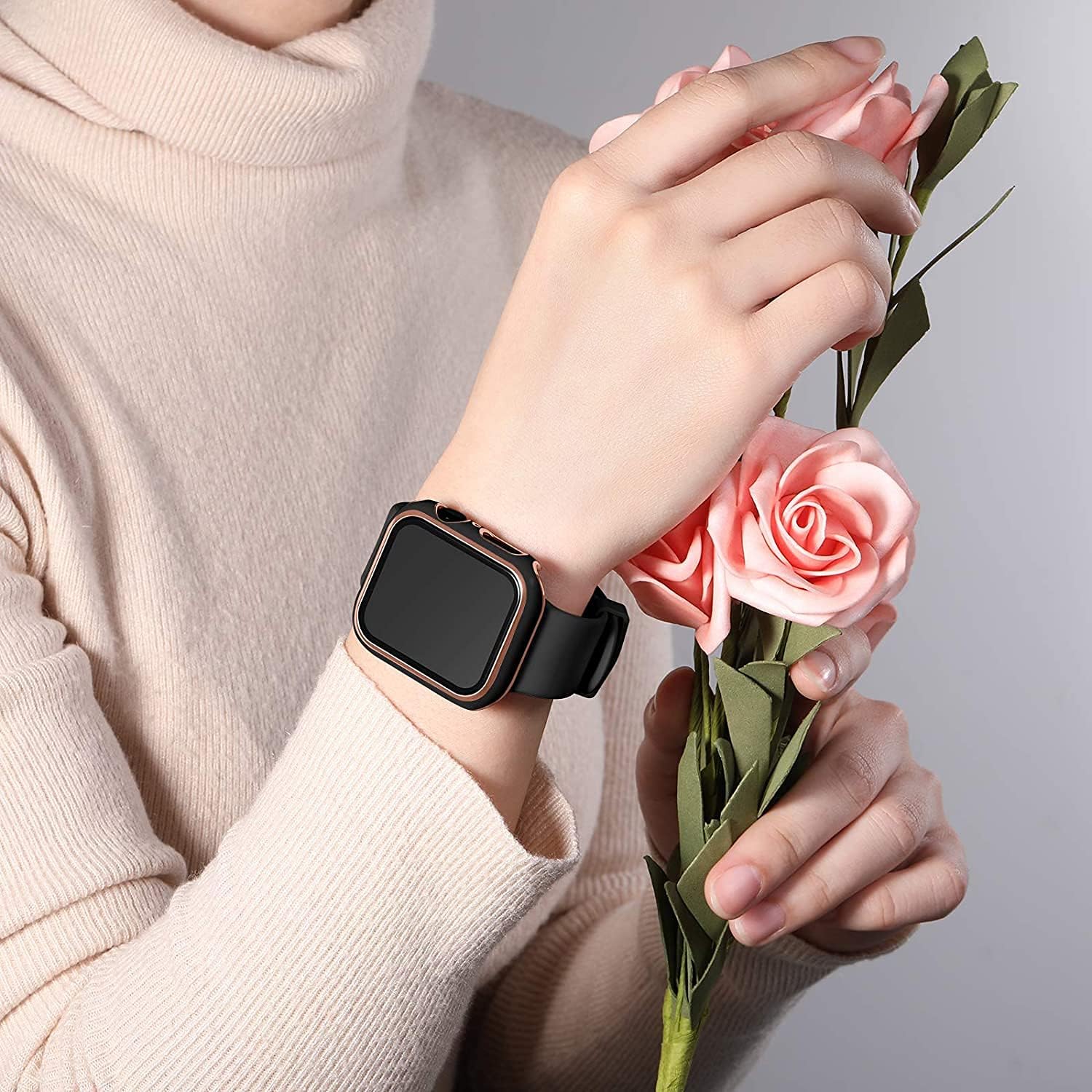 Cover for Apple Watch Case 45mm 41mm 44mm 40mm 42mm 38mm Accessories PC Tempered Glass Screen Protector iWatch Series 7 8 5 6 SE (Color : Black Rose, Size : 42mm Series 321)