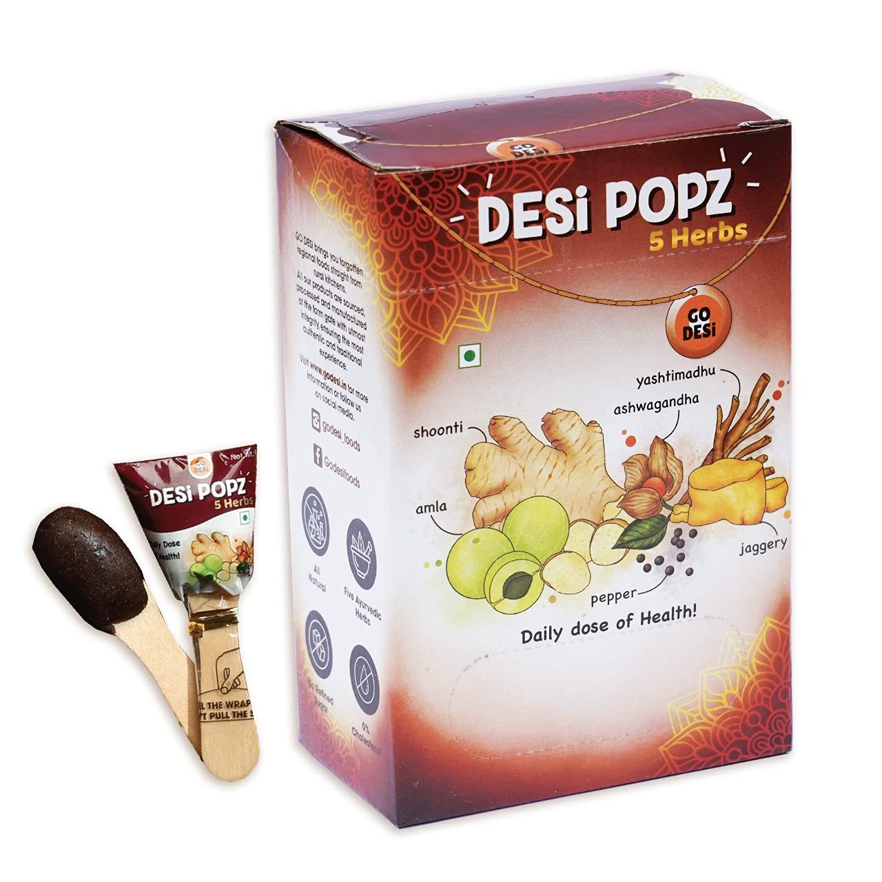 GO DESi - DESi POPz - 5 Herbs |(40 Pcs) | No Refined Sugar | Five Herbs | Healthy Lollipop, 360gm