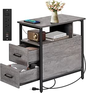 Mesa Auxiliar Estrecha Con Regleta Incorporada – 40x22x61 Cm, Con Puertos USB, USB-C Y Enchufes, Estilo Industrial Marrón, Ideal Para Salón, Dormitorio U Oficina