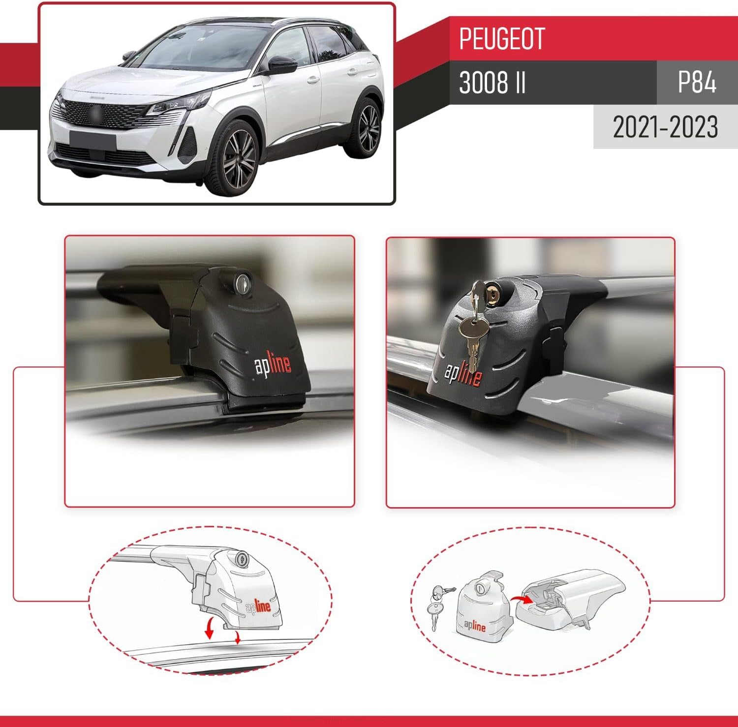 Compatible with Peugeot 3008 II (P84) Post-Facelift 2021-2023 ACE-2 Type Car Roof Rack Cross Bar Grey Aluminium Bars