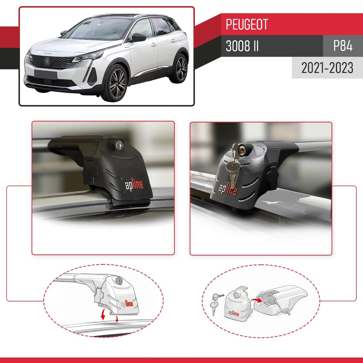 Compatible avec Peugeot 3008 2020-2024 Barres de Toit ACE-2 Railing Porte-Bagages de Voiture Gris